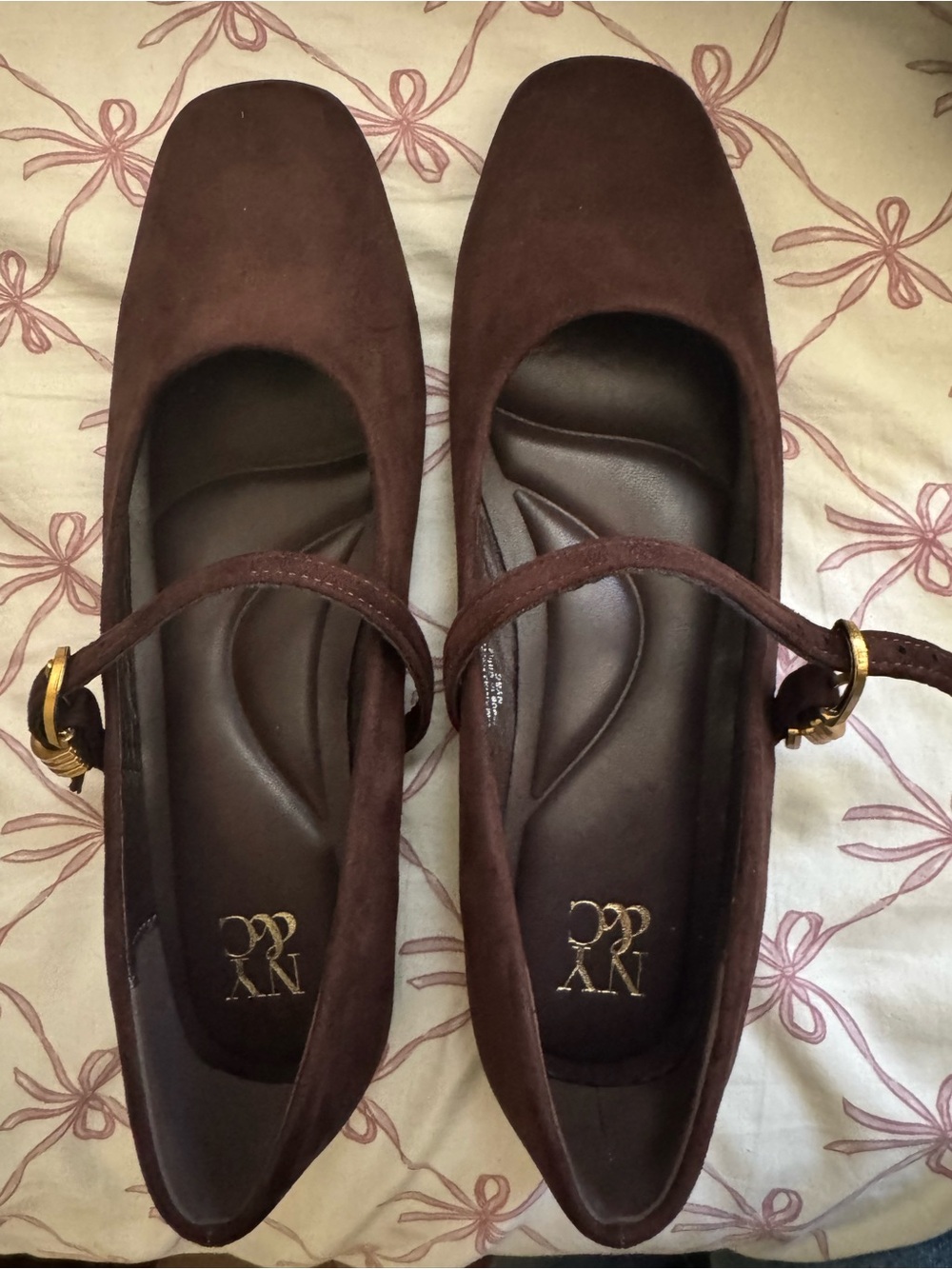 New York & Company Brown Mary Jane Flats with Gold Buckles